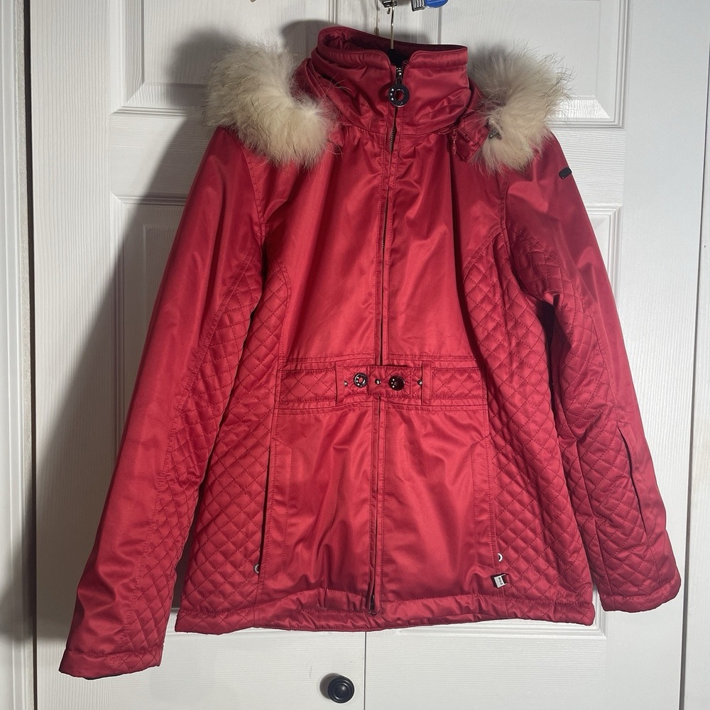 Nils Ski Jacket Women 12 Red Insulated Quilted‎ Faux Fur Trimmed Hood Full Zip